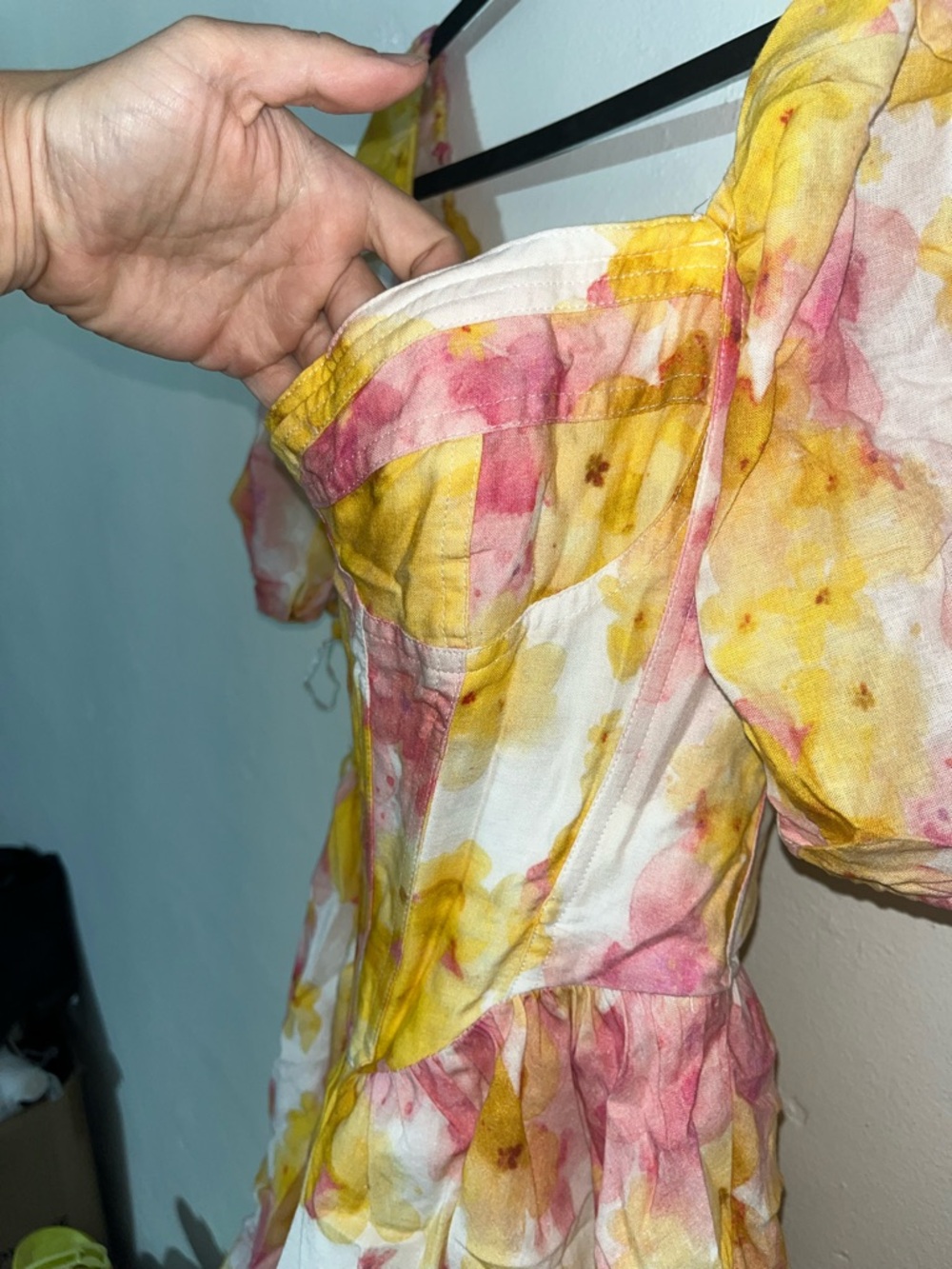 New BARDOT Kiah Floral Print Boned Corset Puff Sleeve Minidress In Pink Yellow L - Picture 15 of 16